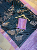 Black Semi-Katan Silk Saree with Lavender Border & All-Over Silver Floral Jaal