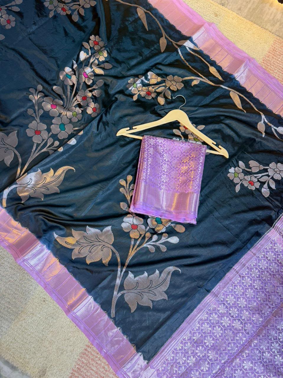 Black Semi-Katan Silk Saree with Lavender Border & All-Over Silver Floral Jaal
