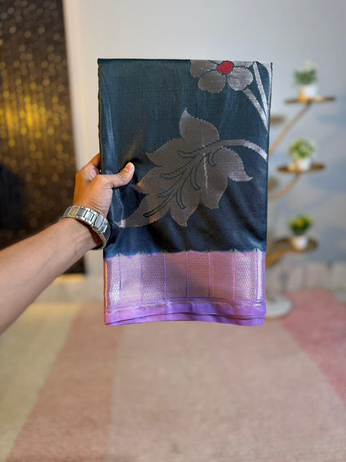 Black Semi-Katan Silk Saree with Lavender Border & All-Over Silver Floral Jaal