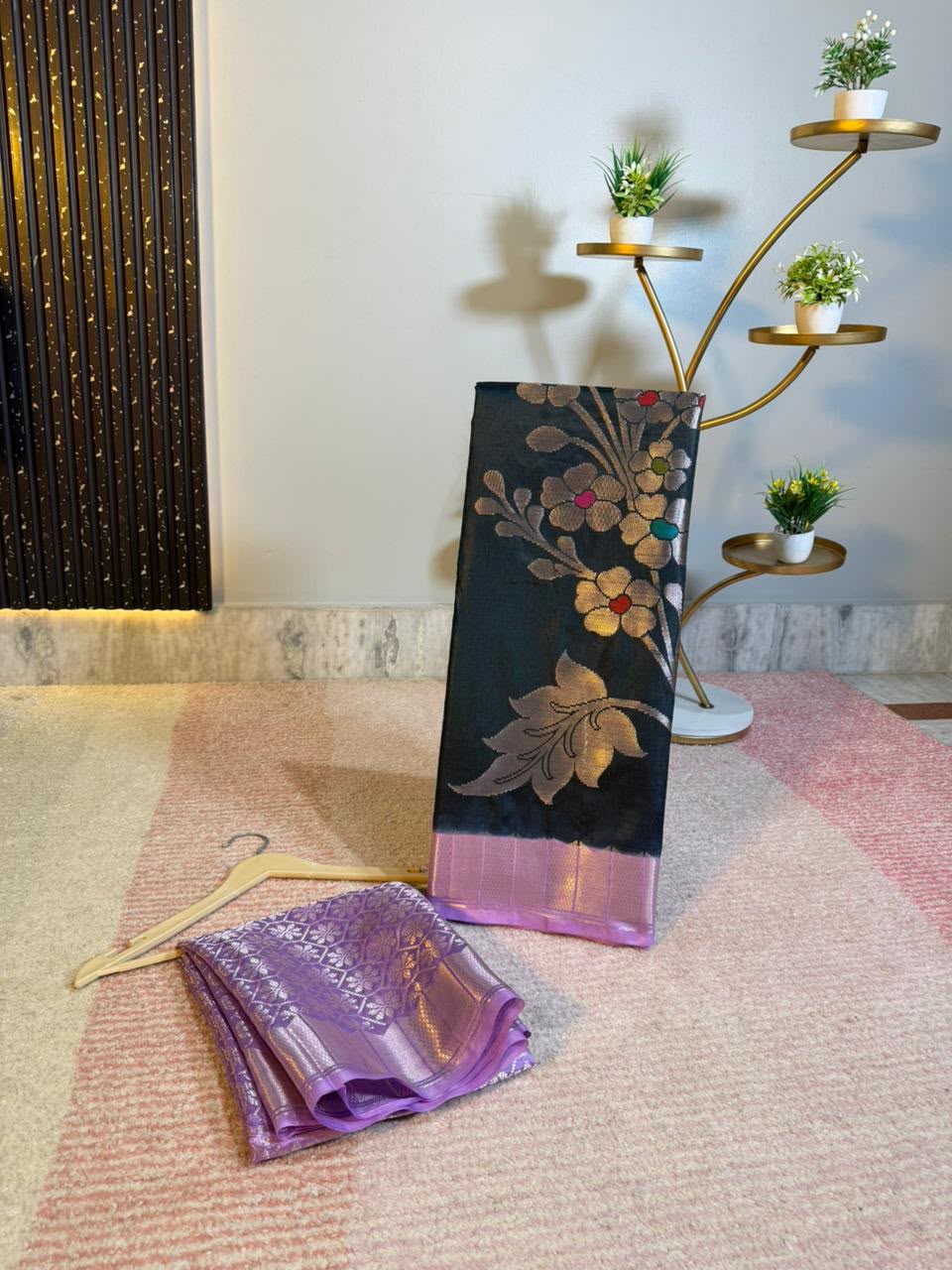 Black Semi-Katan Silk Saree with Lavender Border & Silver Floral Bunch