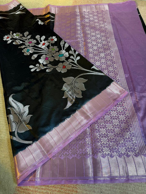 Black Semi-Katan Silk Saree with Lavender Border & Silver Floral Bunch