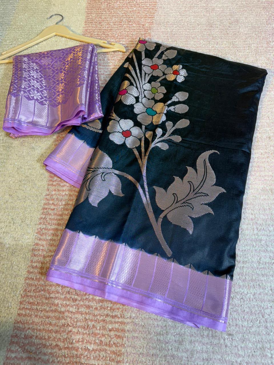 Black Semi-Katan Silk Saree with Lavender Border & Silver Floral Bunch