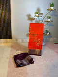 Bright Orange Semi-Katan Silk Saree with Maroon Zari Border & Floral Vine