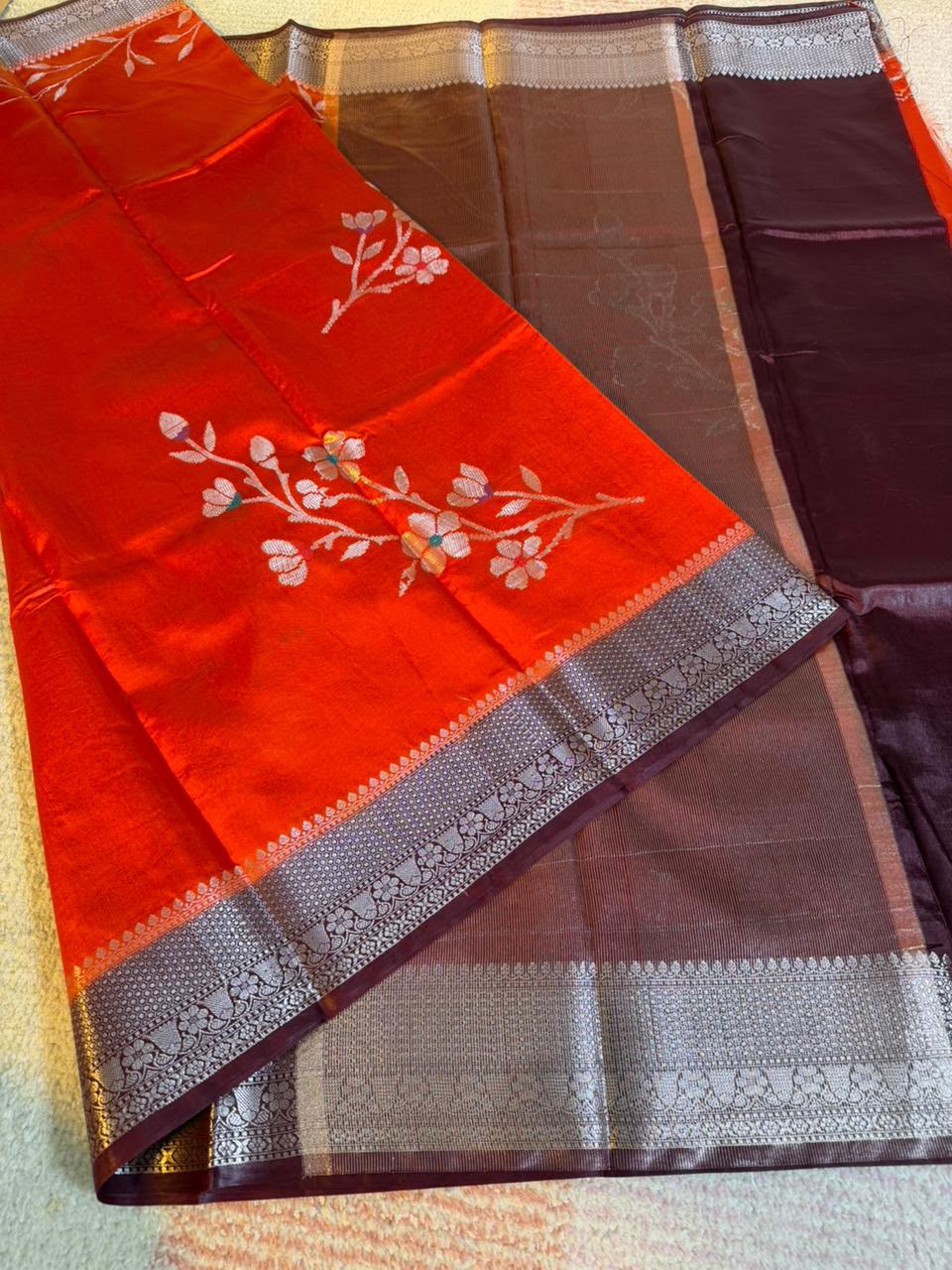 Bright Orange Semi-Katan Silk Saree with Maroon Zari Border & Floral Vine