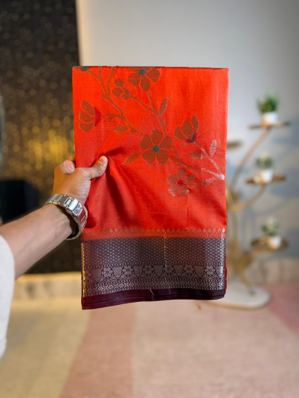 Bright Orange Semi-Katan Silk Saree with Maroon Zari Border & Floral Vine