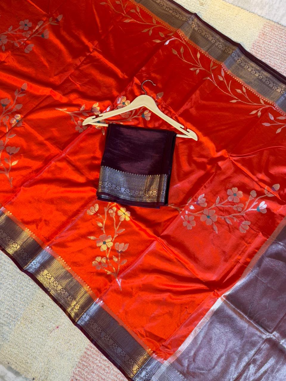 Bright Orange Semi-Katan Silk Saree with Maroon Zari Border & Floral Vine