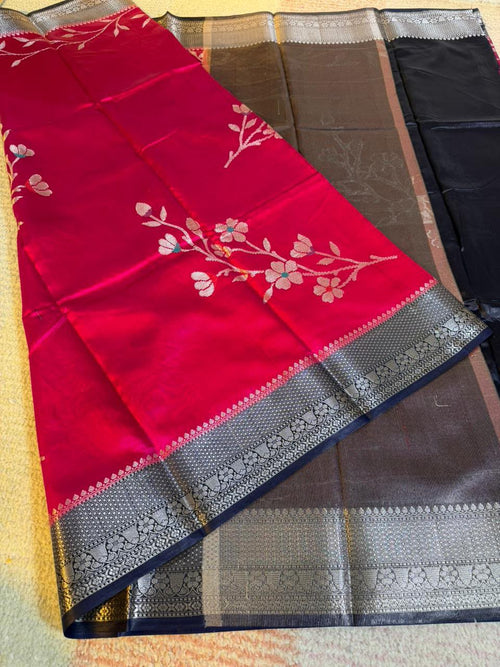 Classic Red Semi-Katan Silk Saree with Black Zari Border & Floral Vine