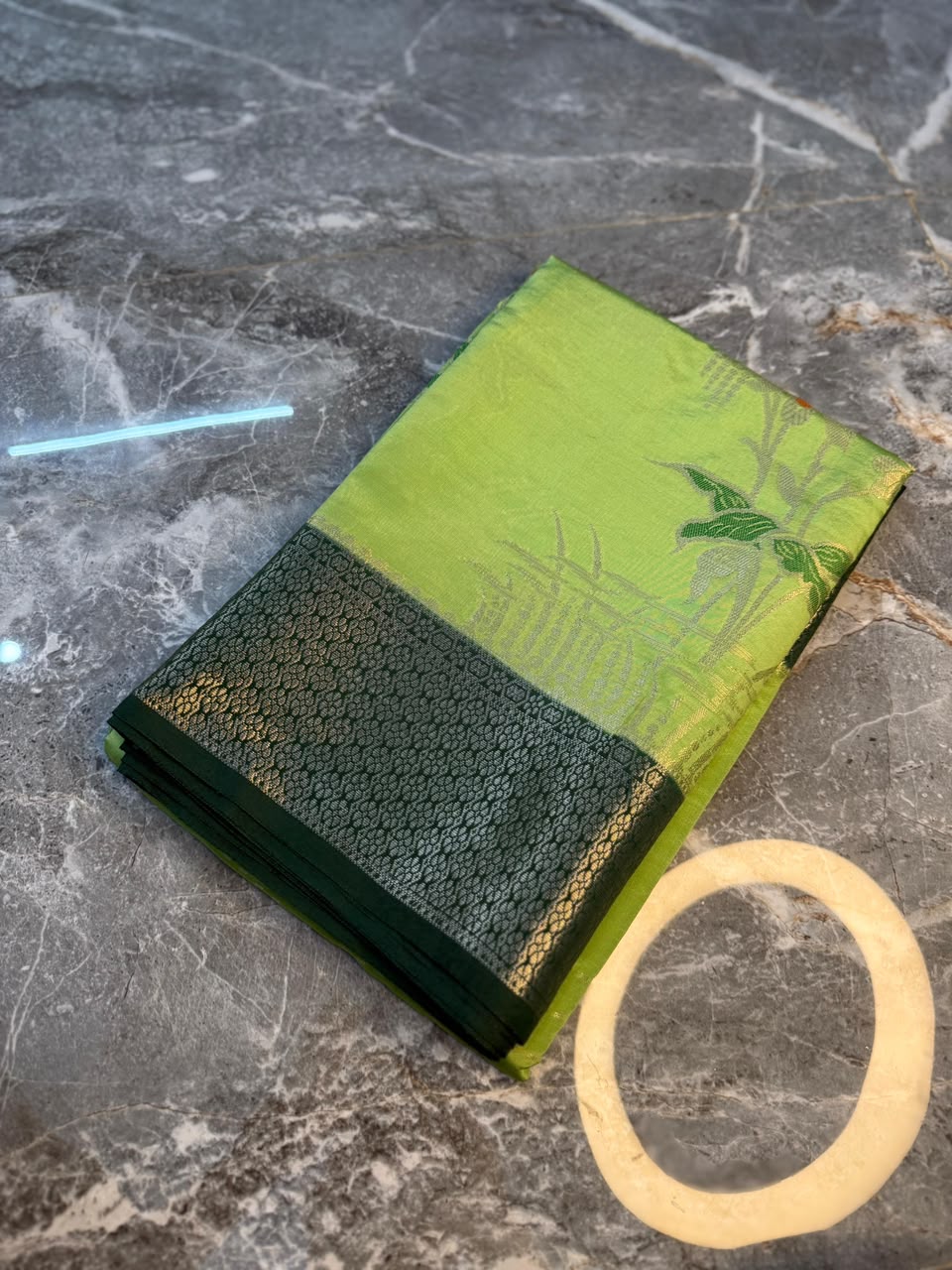 Lime Green Semi-Katan Silk Saree with Black Zari Border