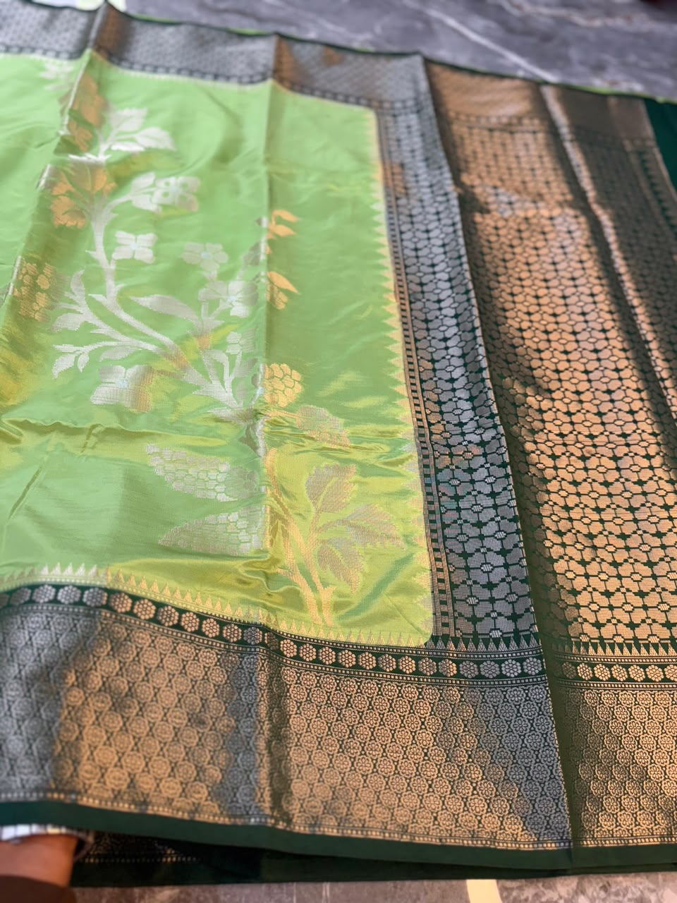 Lime Green Semi-Katan Silk Saree with Black Zari Border