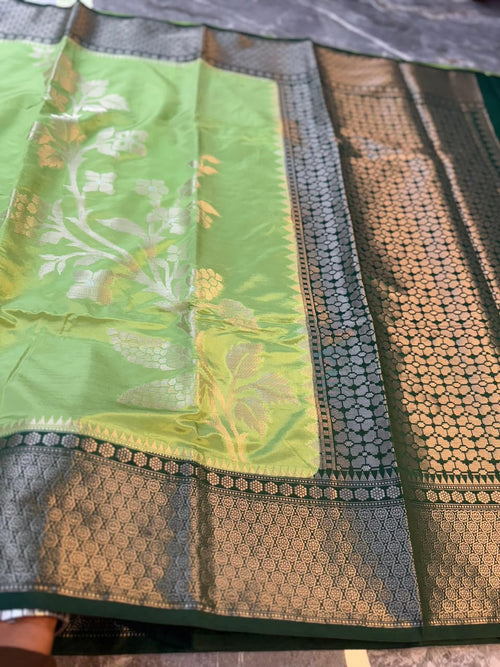 Lime Green Semi-Katan Silk Saree with Black Zari Border