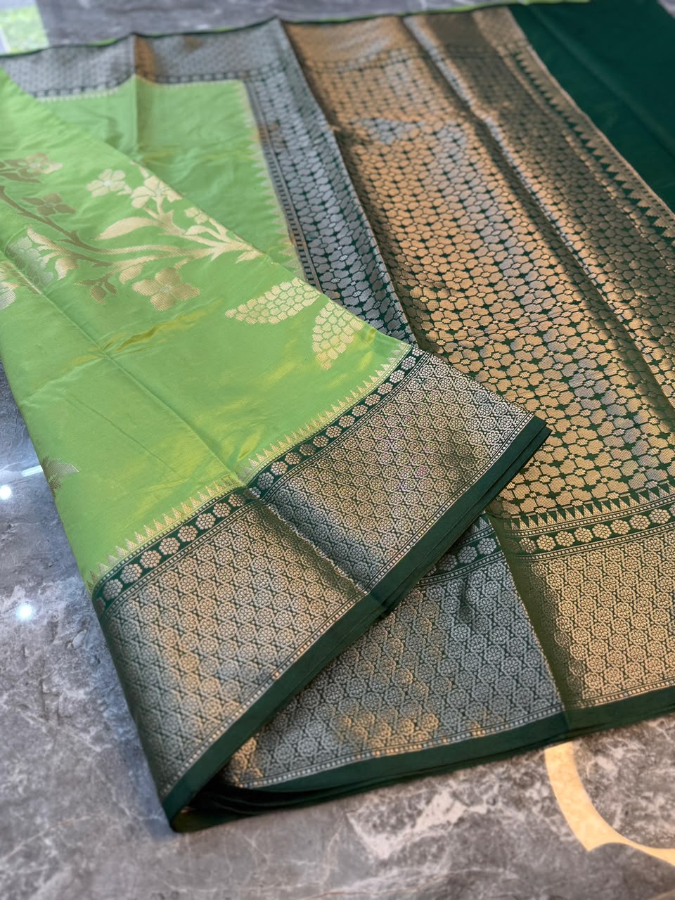 Lime Green Semi-Katan Silk Saree with Black Zari Border