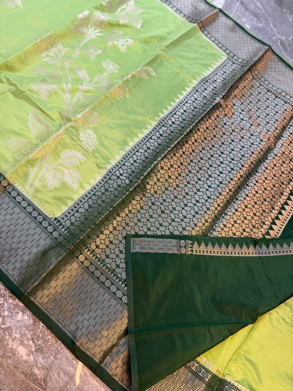 Lime Green Semi-Katan Silk Saree with Black Zari Border