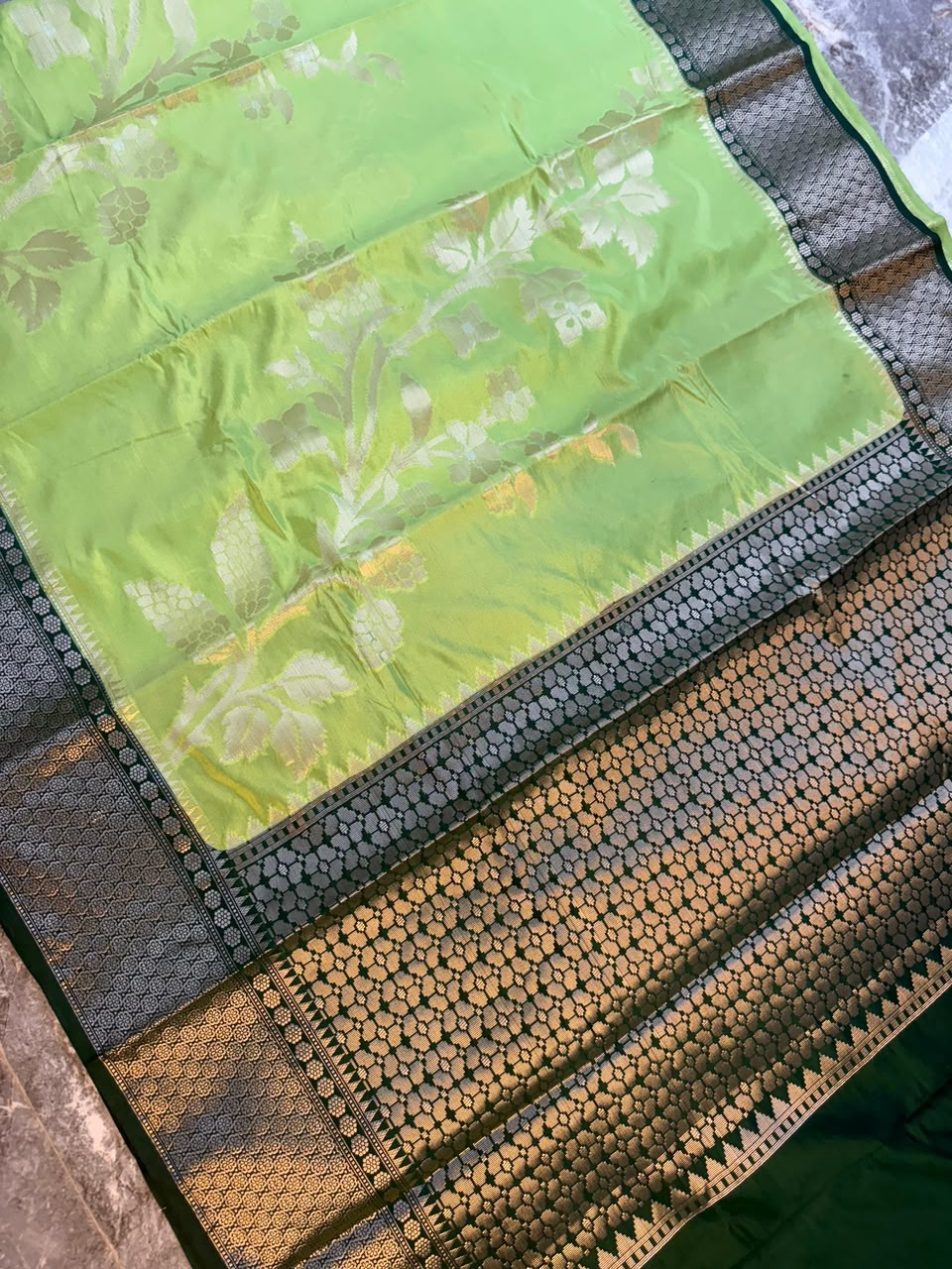 Lime Green Semi-Katan Silk Saree with Black Zari Border