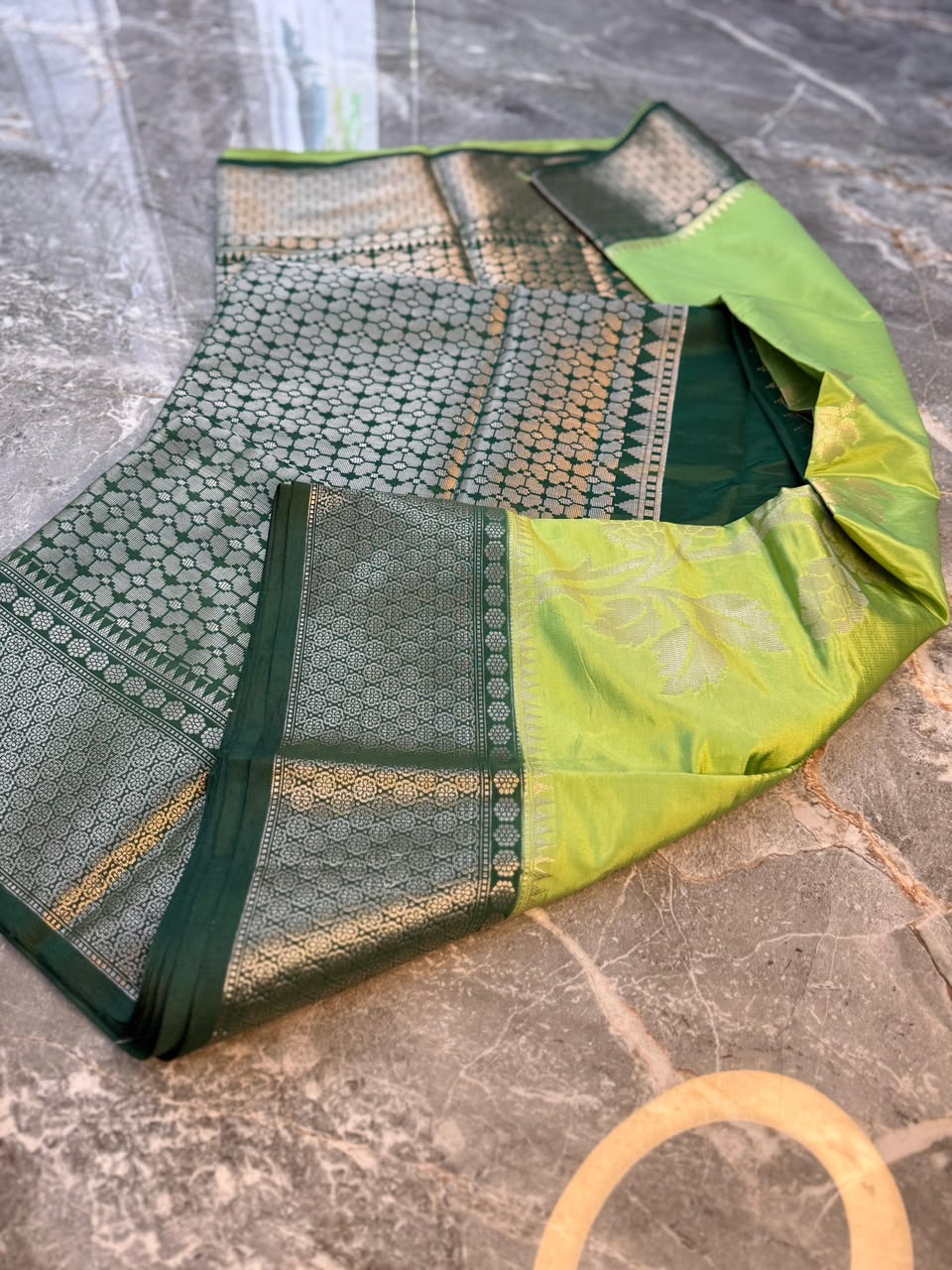 Lime Green Semi-Katan Silk Saree with Black Zari Border