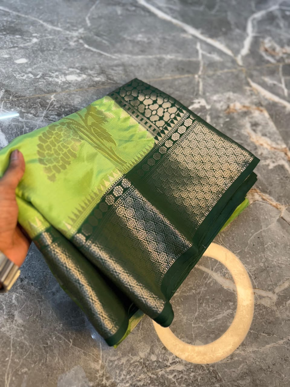 Lime Green Semi-Katan Silk Saree with Black Zari Border