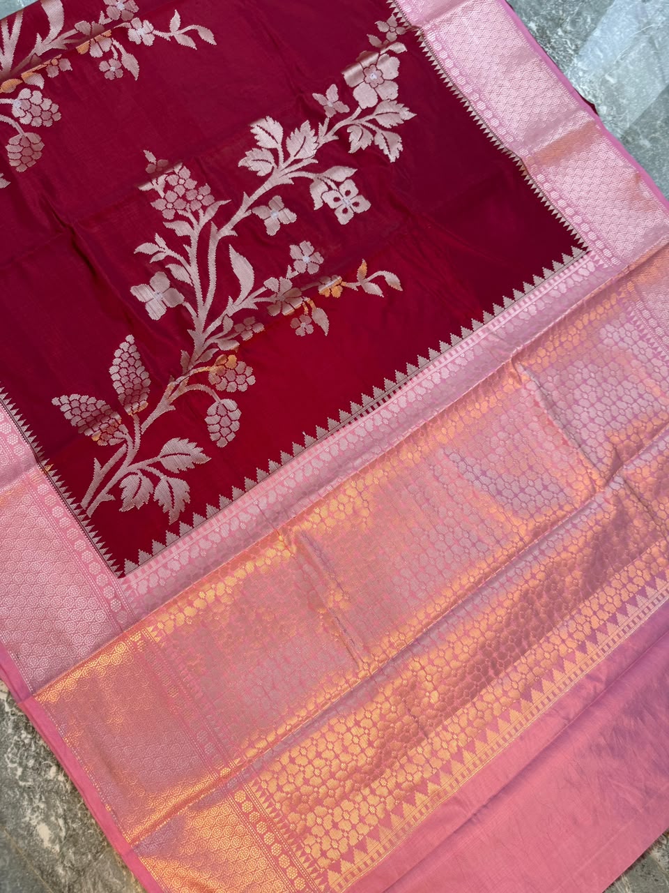 Maroon Semi-Katan Silk Saree with Pink Zari Border