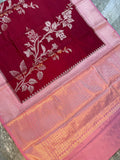 Maroon Semi-Katan Silk Saree with Pink Zari Border