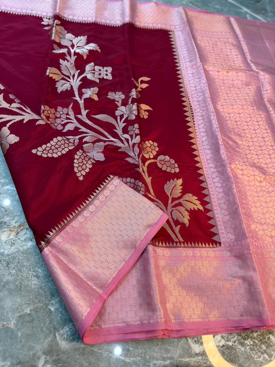 Maroon Semi-Katan Silk Saree with Pink Zari Border
