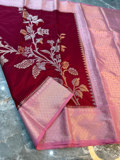 Maroon Semi-Katan Silk Saree with Pink Zari Border