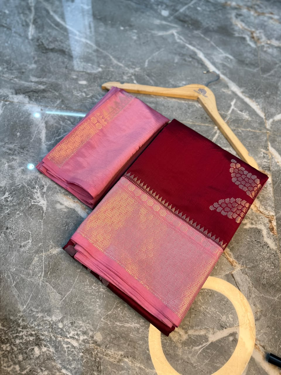 Maroon Semi-Katan Silk Saree with Pink Zari Border