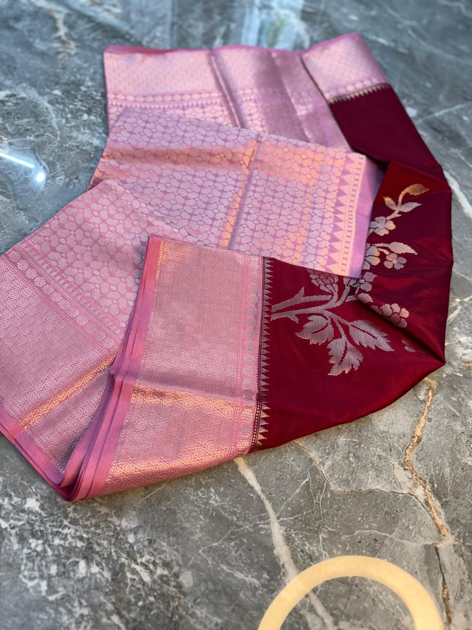 Maroon Semi-Katan Silk Saree with Pink Zari Border