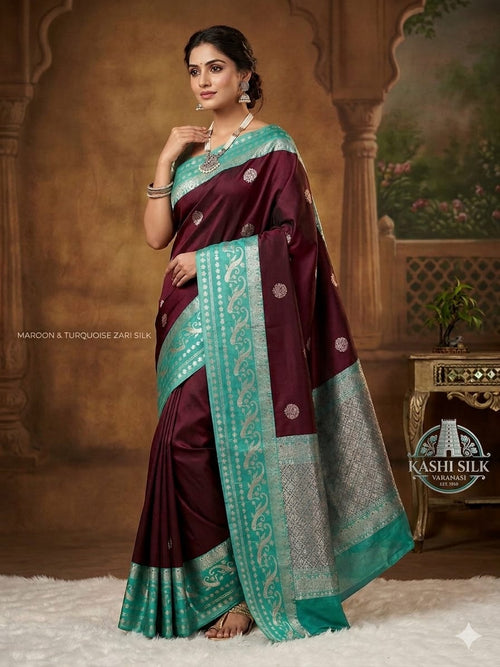 Maroon & Turquoise Zari Semi-Katan Silk Saree — Kashi Silk Varanasi