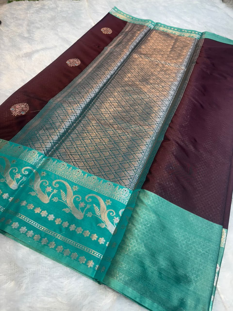 Maroon & Turquoise Zari Semi-Katan Silk Saree — Kashi Silk Varanasi
