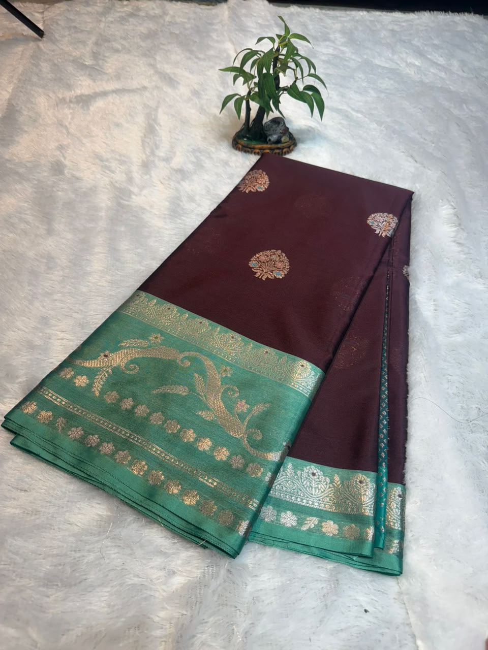 Maroon & Turquoise Zari Semi-Katan Silk Saree — Kashi Silk Varanasi
