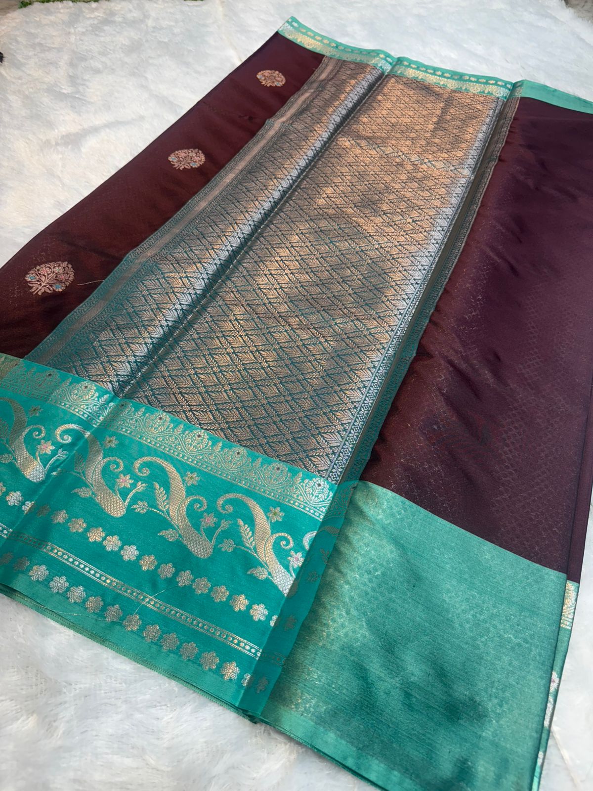 Maroon & Turquoise Zari Semi-Katan Silk Saree — Kashi Silk Varanasi