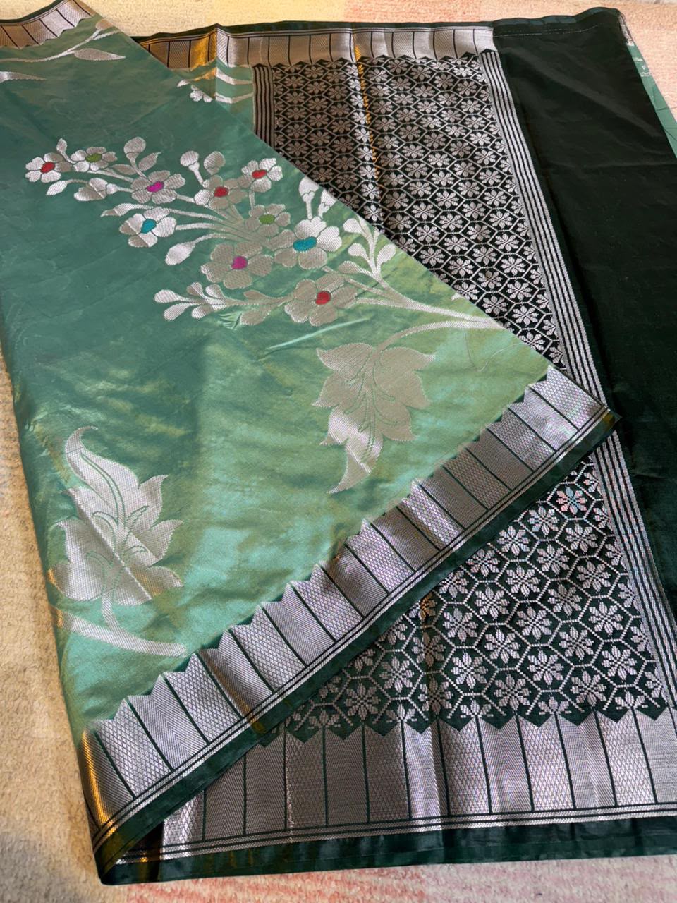 Mint Green Semi-Katan Silk Saree with Bottle-Green Zari Border