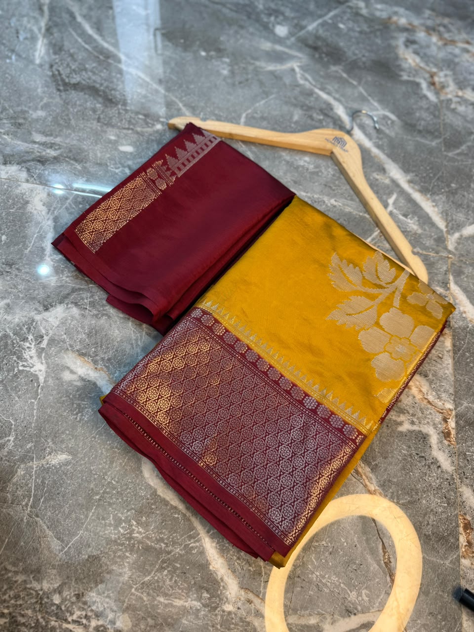 Mustard Semi-Katan Silk Saree with Maroon Zari Border