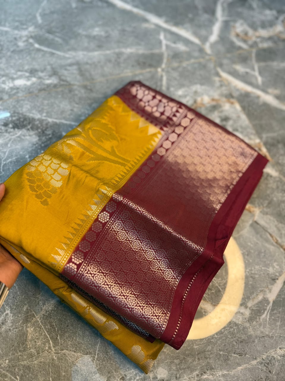 Mustard Semi-Katan Silk Saree with Maroon Zari Border