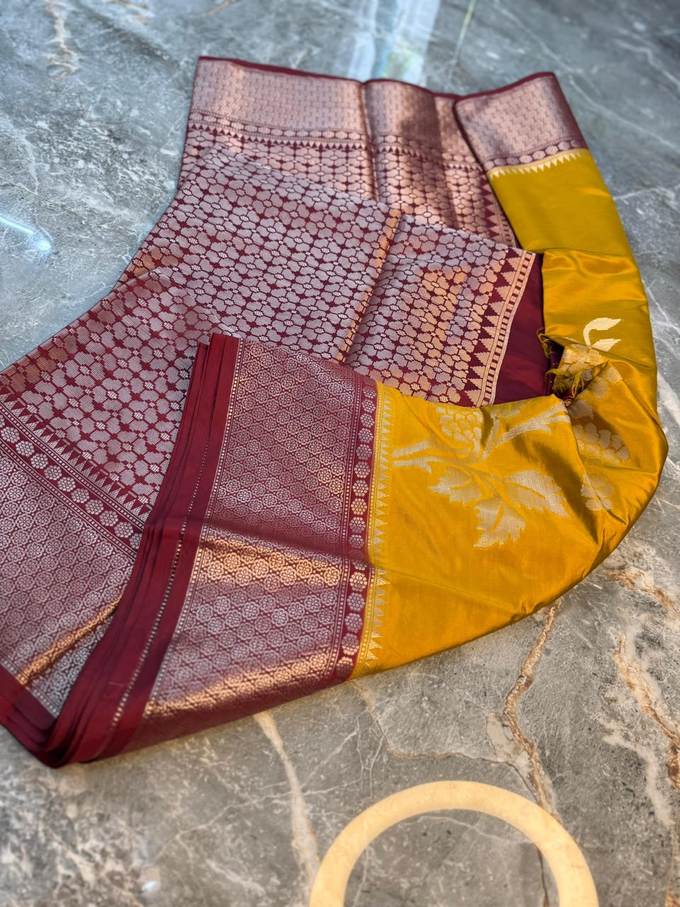 Mustard Semi-Katan Silk Saree with Maroon Zari Border