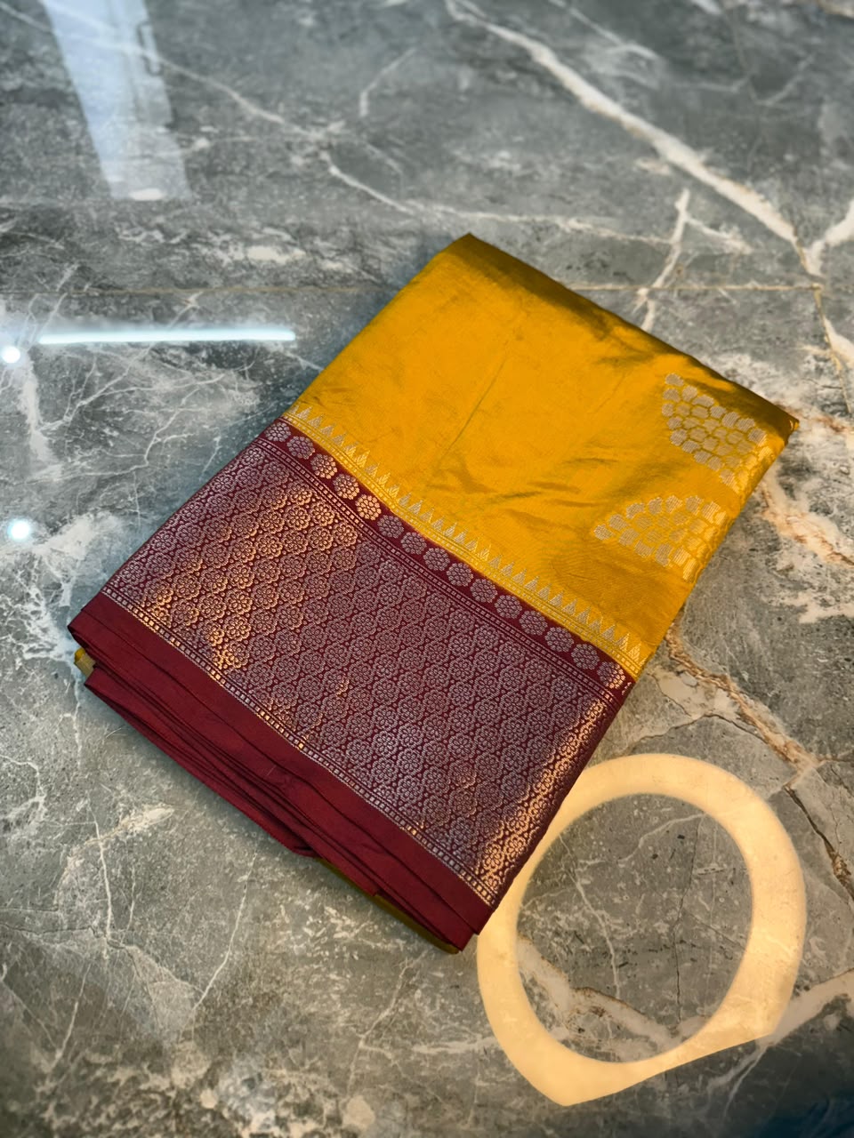 Mustard Semi-Katan Silk Saree with Maroon Zari Border