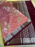 Peach Coral Semi-Katan Silk Saree with Maroon Zari Border & Floral Bunch
