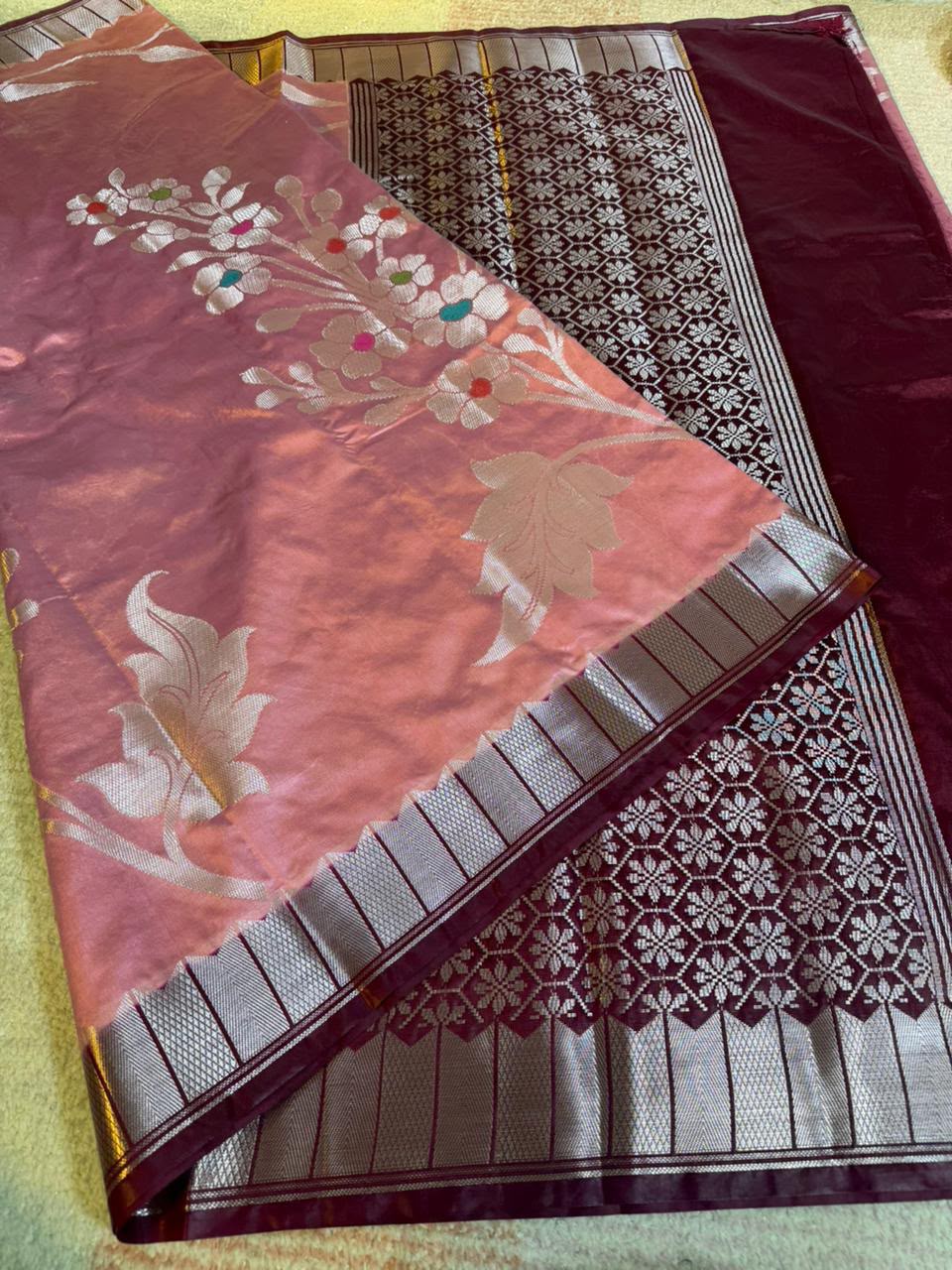 Peach Coral Semi-Katan Silk Saree with Maroon Zari Border & Floral Bunch