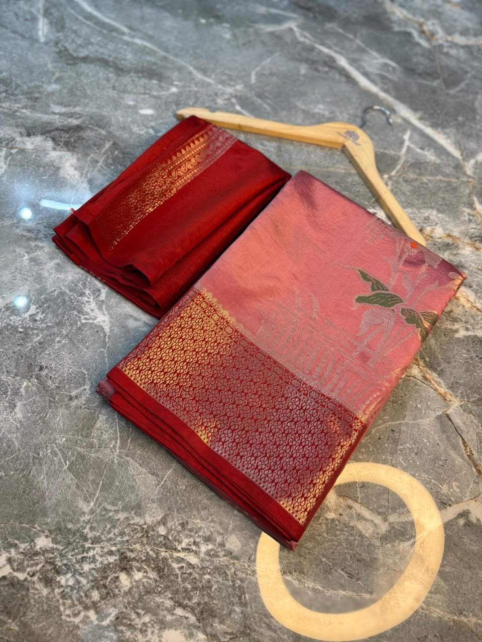 Pink Semi-Katan Silk Saree with Red Zari Border