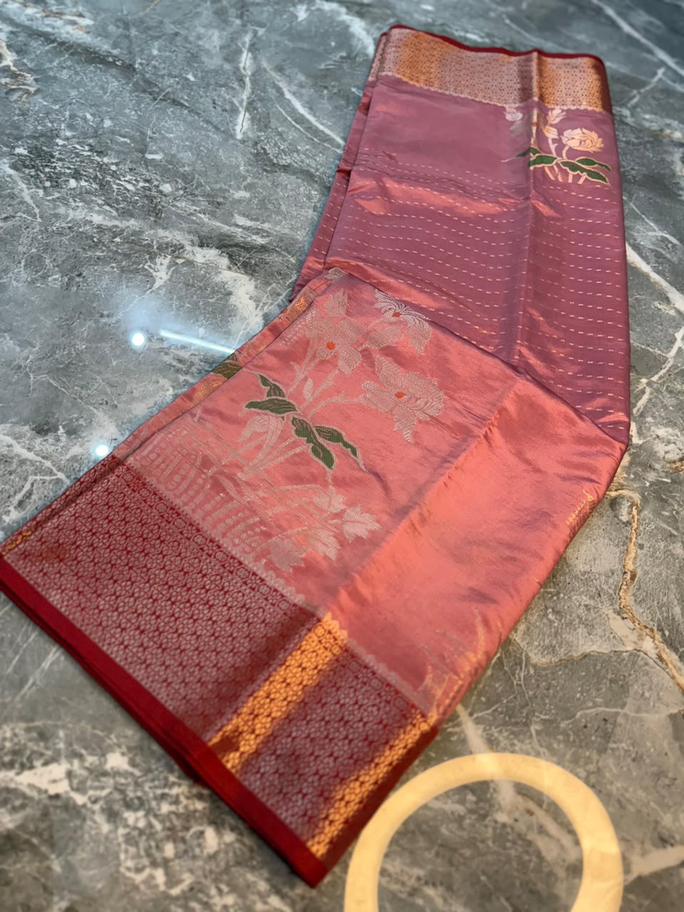 Pink Semi-Katan Silk Saree with Red Zari Border