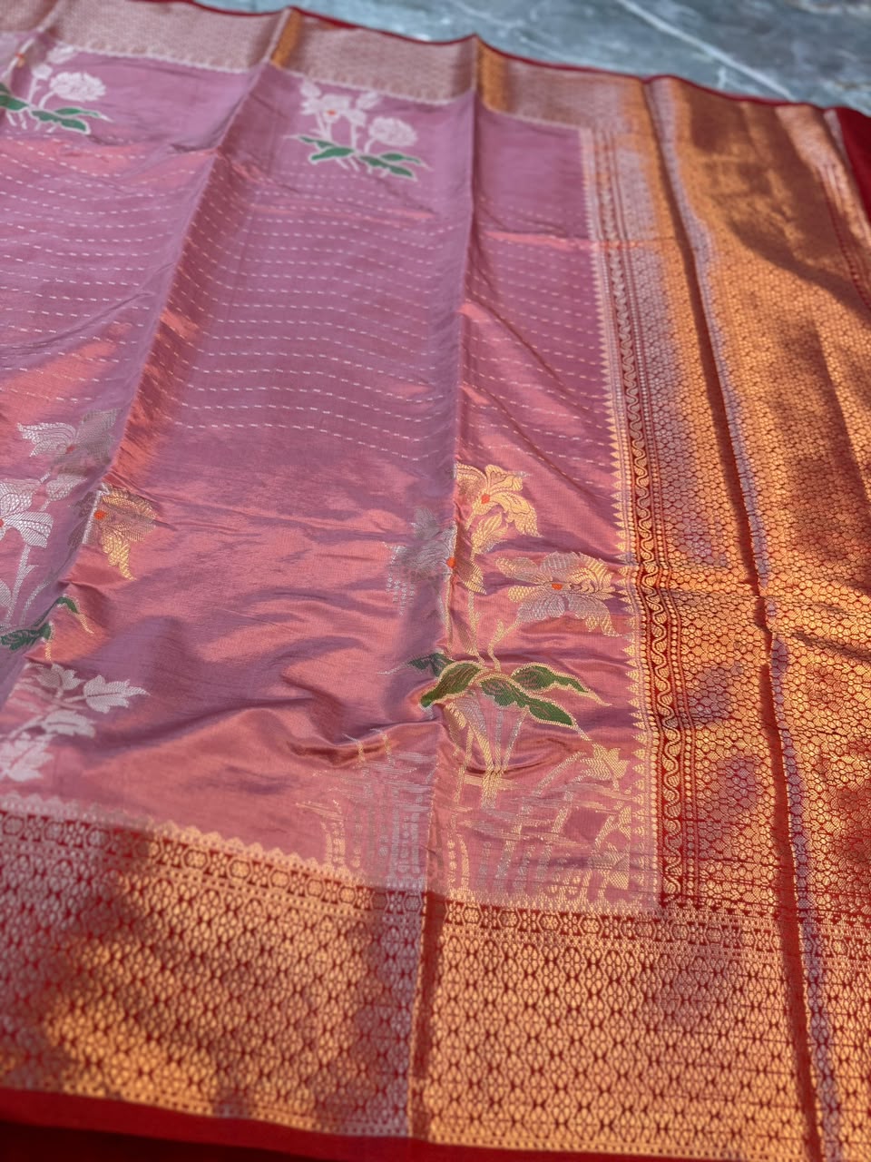 Pink Semi-Katan Silk Saree with Red Zari Border