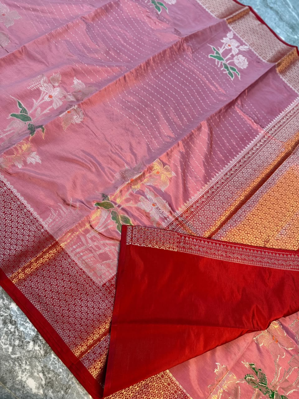 Pink Semi-Katan Silk Saree with Red Zari Border