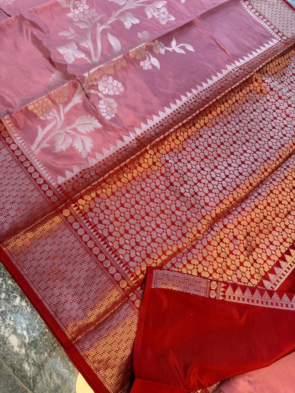 Pink Semi-Katan Silk Saree with Red Zari Border