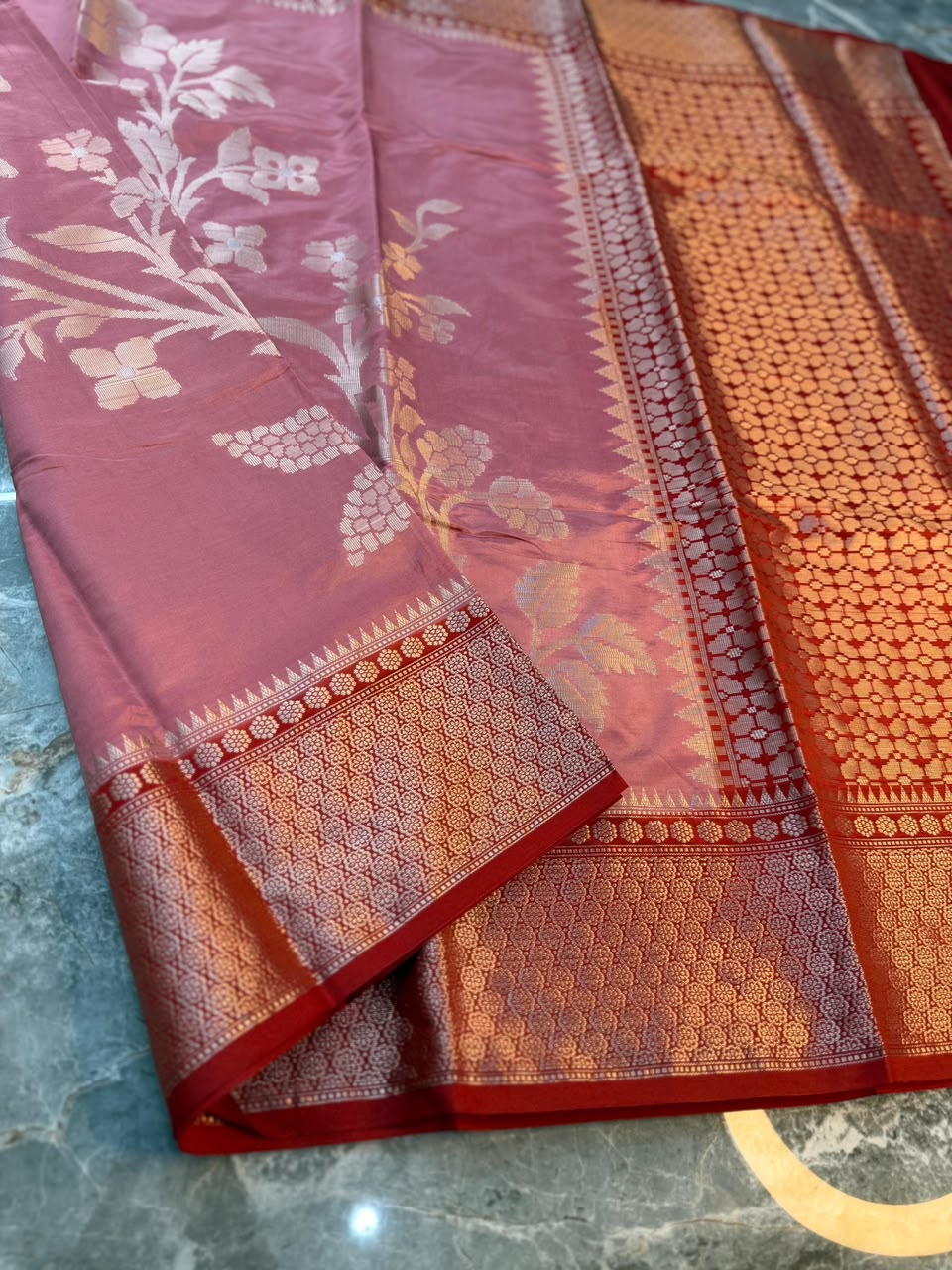 Pink Semi-Katan Silk Saree with Red Zari Border