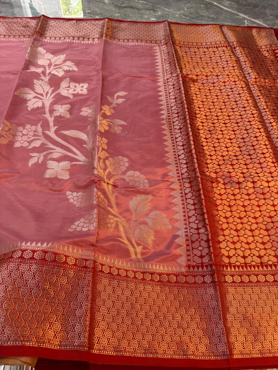 Pink Semi-Katan Silk Saree with Red Zari Border