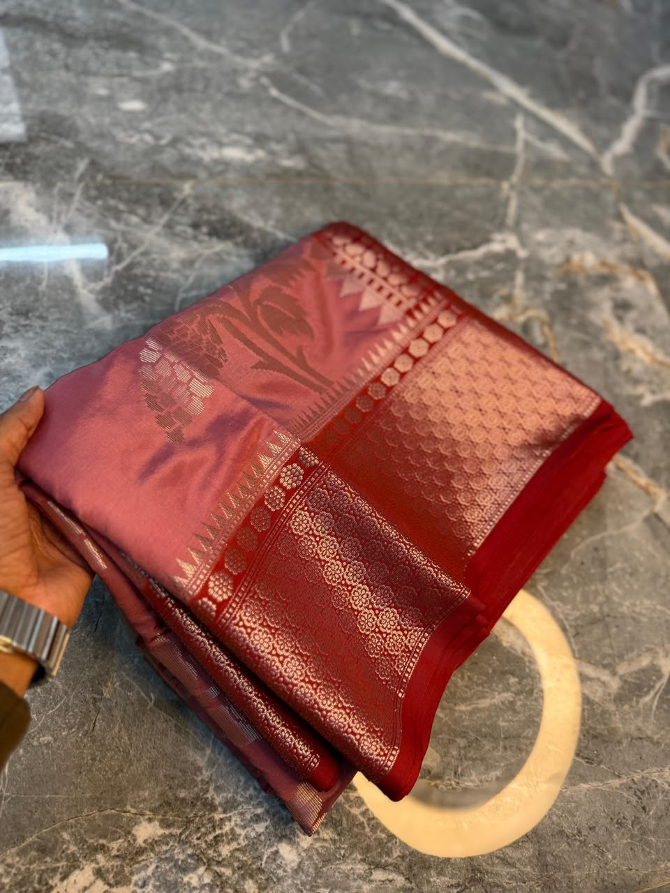 Pink Semi-Katan Silk Saree with Red Zari Border