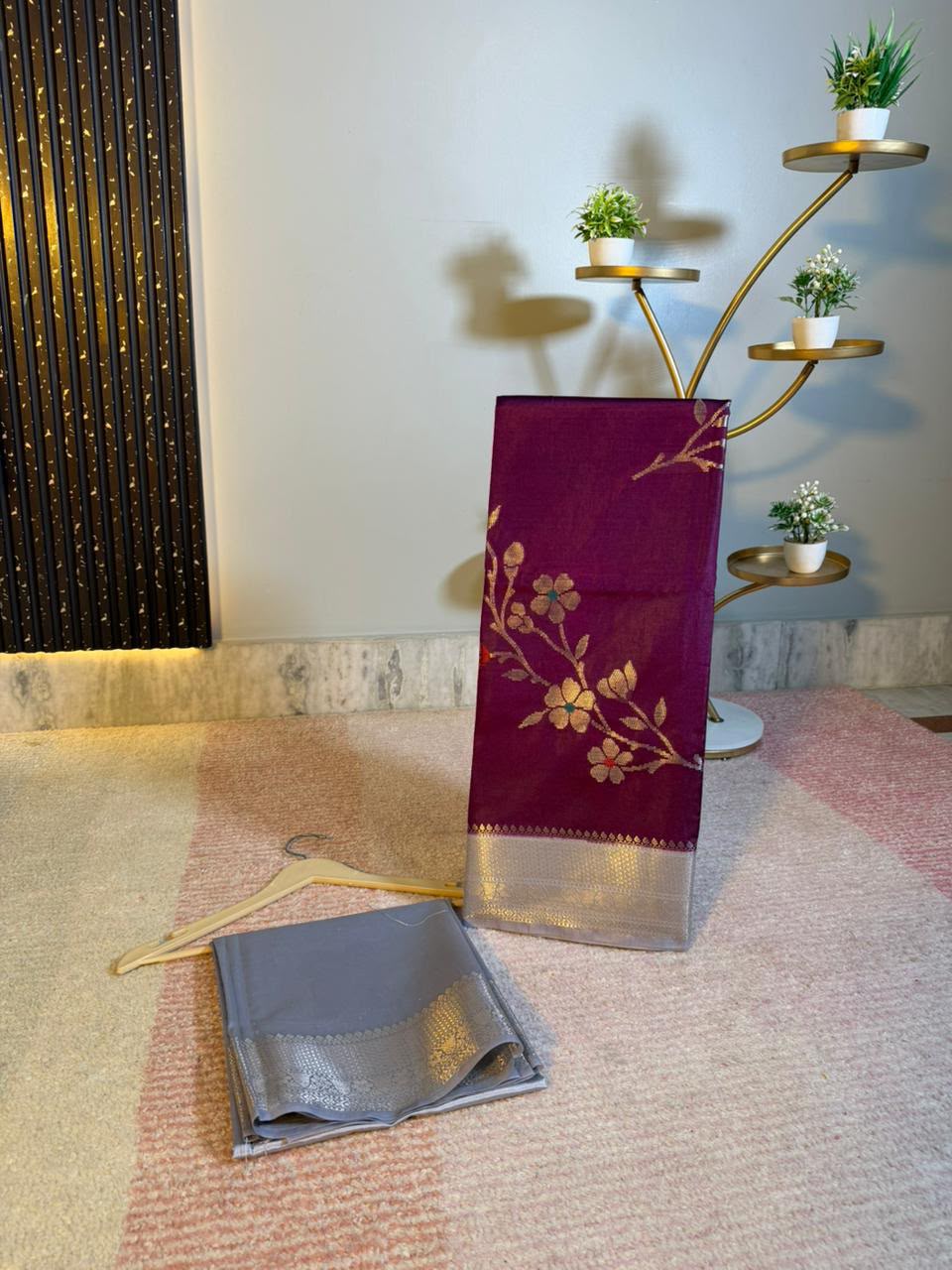 Purple Semi-Katan Silk Saree with Silver-Grey Zari Border & Floral Vine