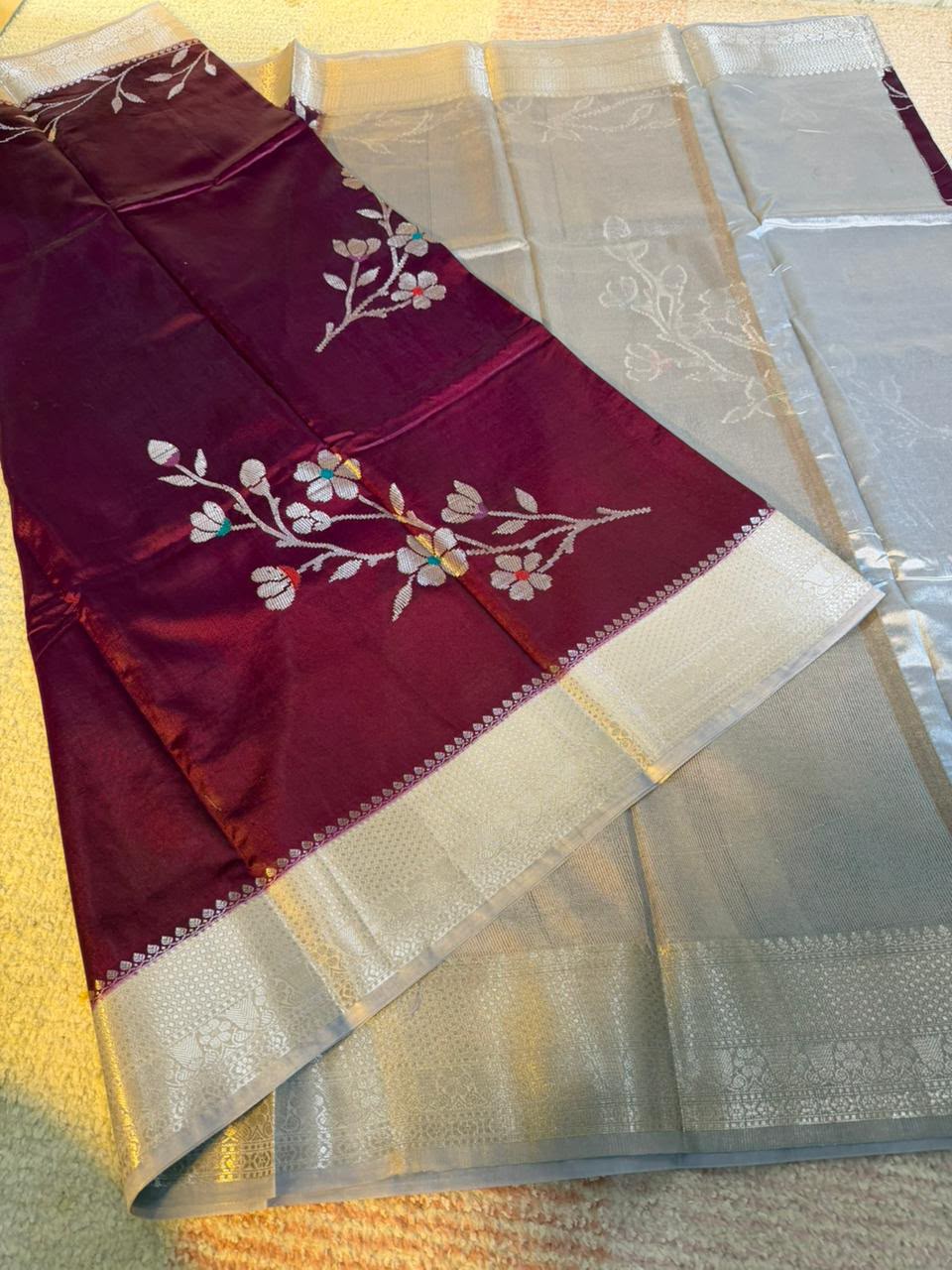 Purple Semi-Katan Silk Saree with Silver-Grey Zari Border & Floral Vine