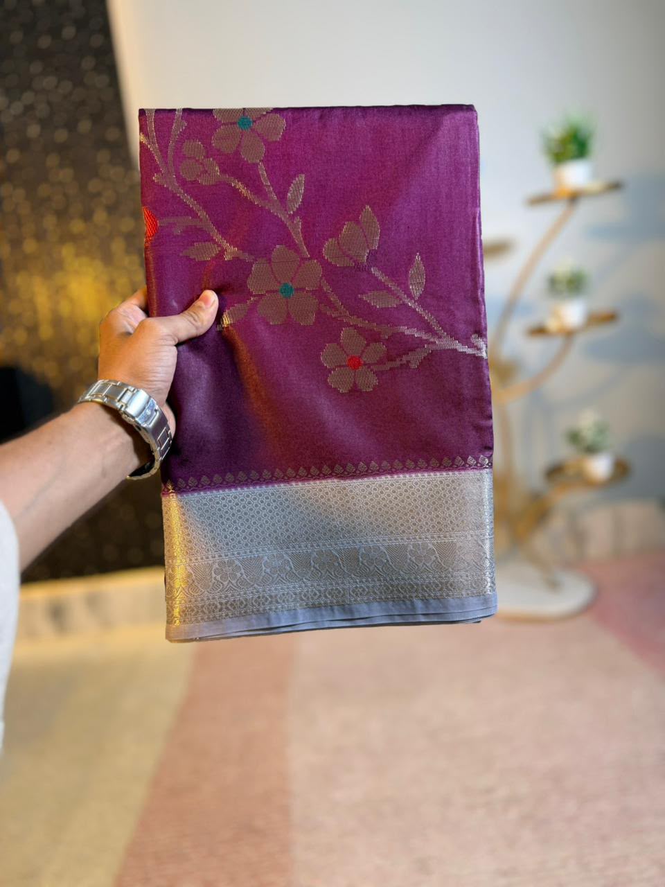 Purple Semi-Katan Silk Saree with Silver-Grey Zari Border & Floral Vine
