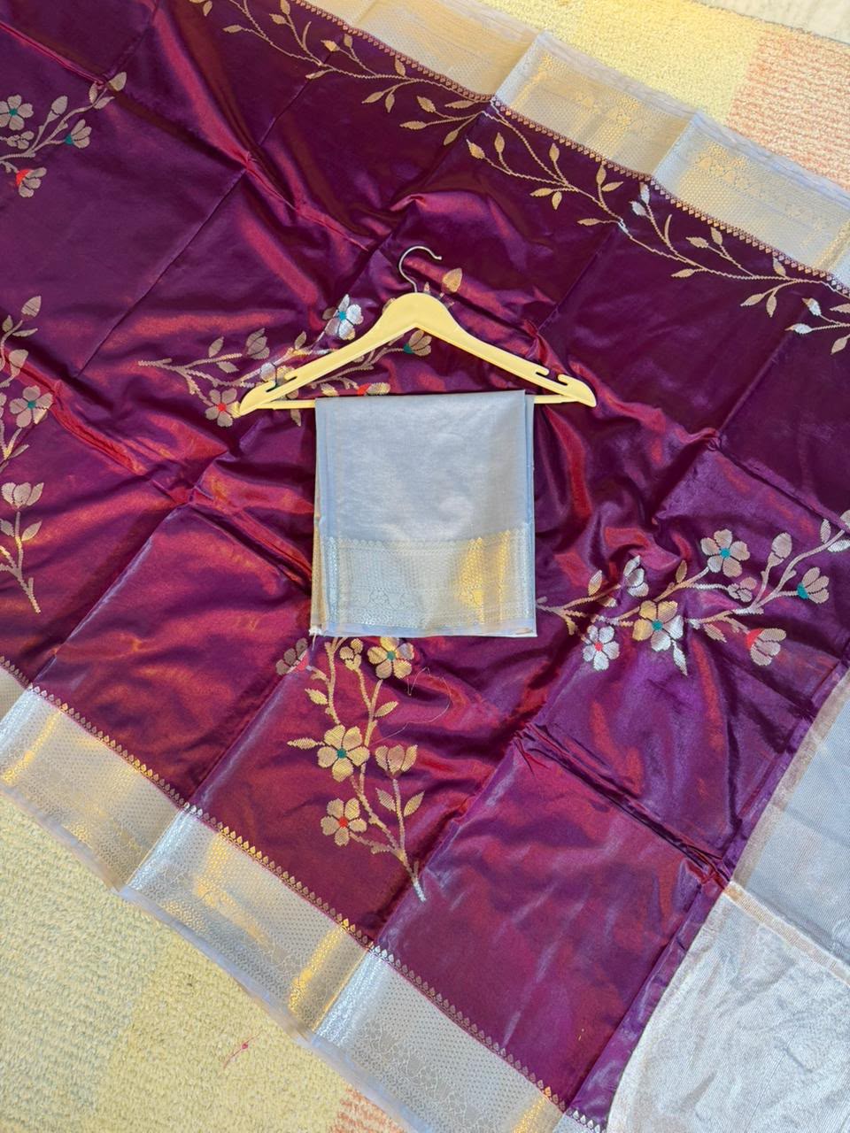 Purple Semi-Katan Silk Saree with Silver-Grey Zari Border & Floral Vine
