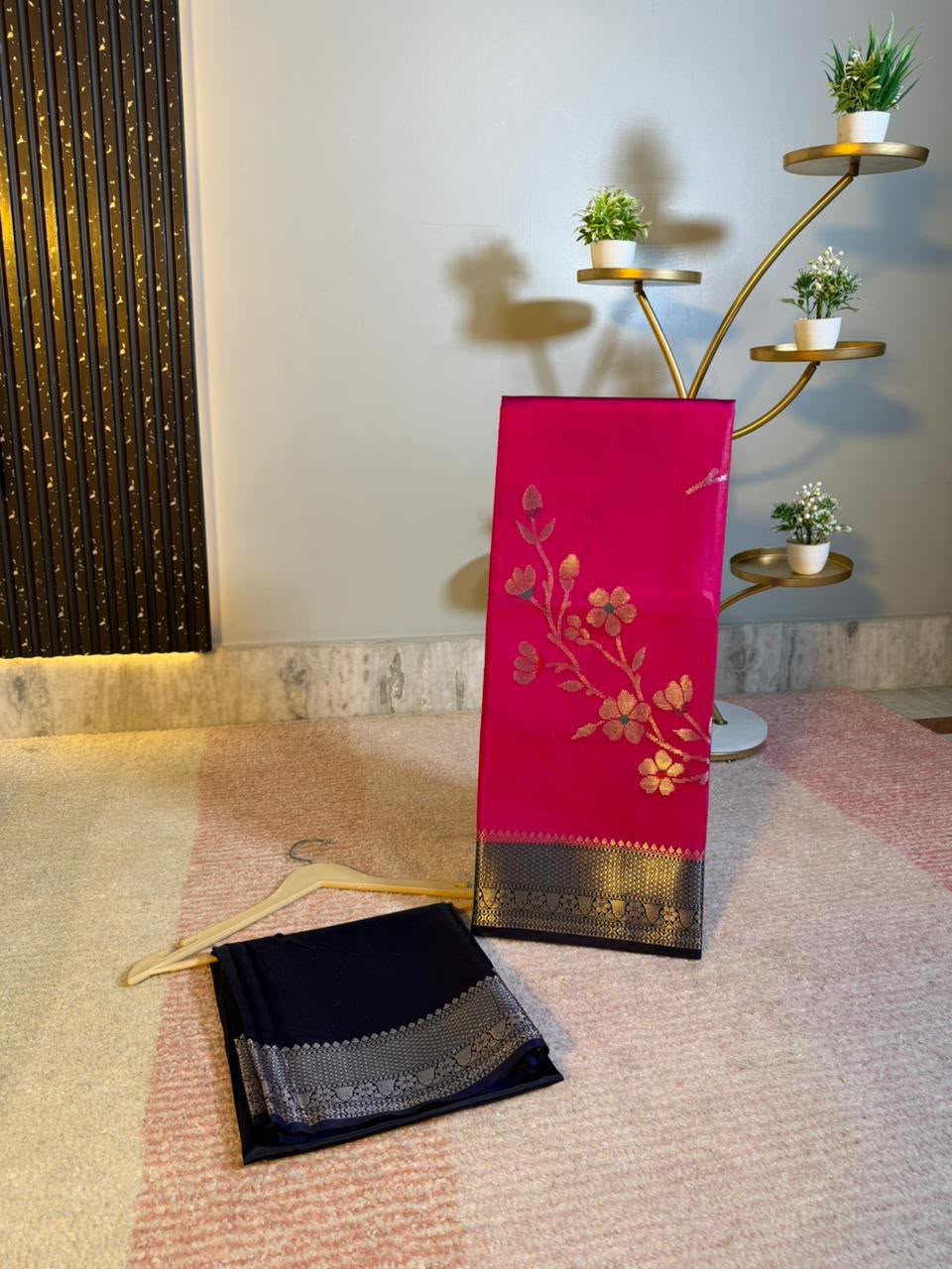 Rani Pink Semi-Katan Silk Saree with Black Zari Border & Floral Vine