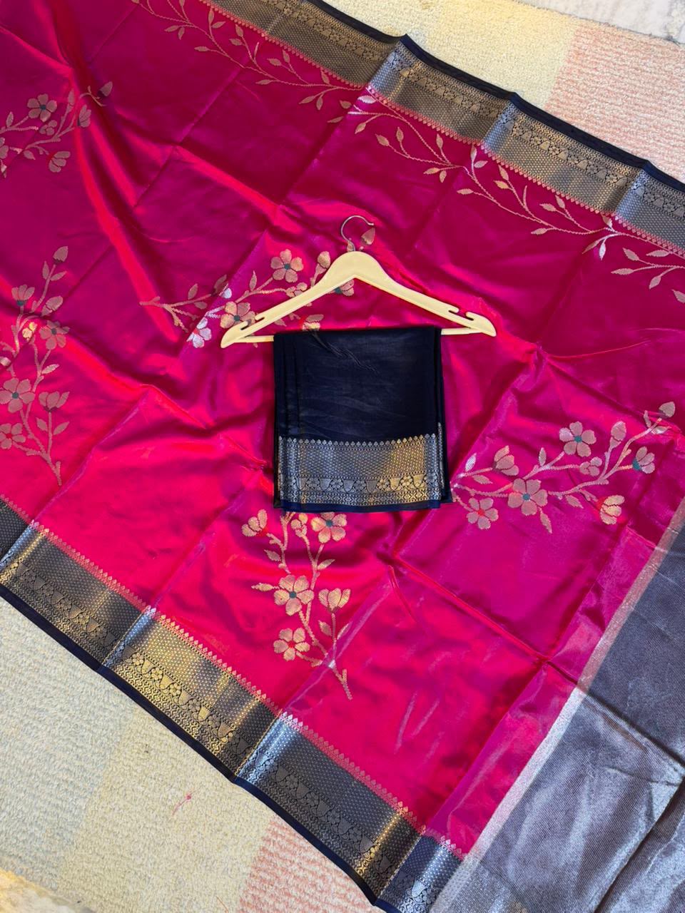 Rani Pink Semi-Katan Silk Saree with Black Zari Border & Floral Vine